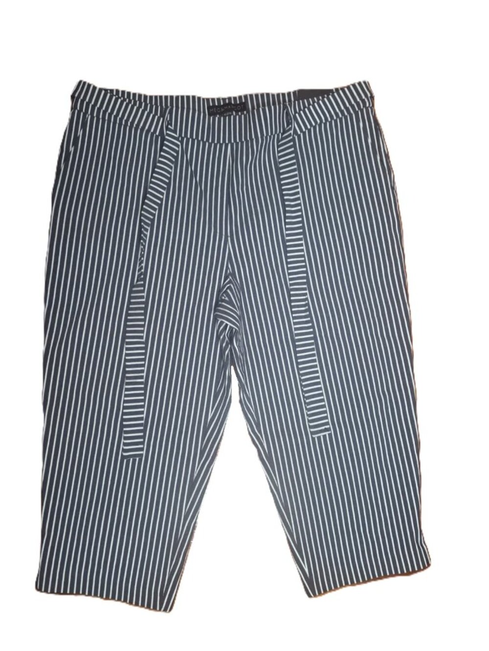 Meg & Margot High-Rise, Pull-On Striped Pants w Tie-Waist Belt, Black & White,XL